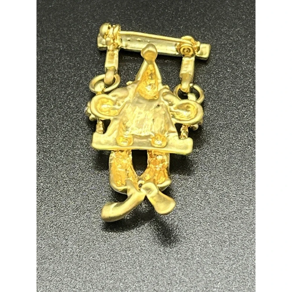 Gold Tone Clown on Swing Brooch Pin w/ Faux Diamonds‎ Vintage Articulated